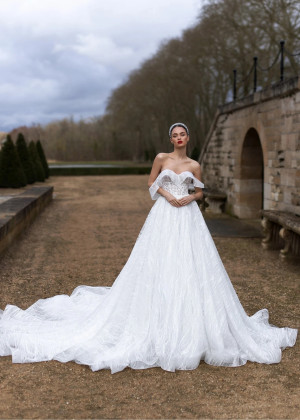 Off Shoulder White Glitter Lace Tulle Modern Wedding Dress